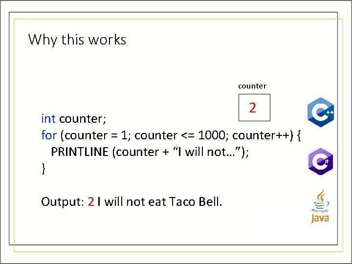 Why this works counter 2 int counter; for (counter = 1; counter <= 1000; Why this works counter 2 int counter; for (counter = 1; counter <= 1000;