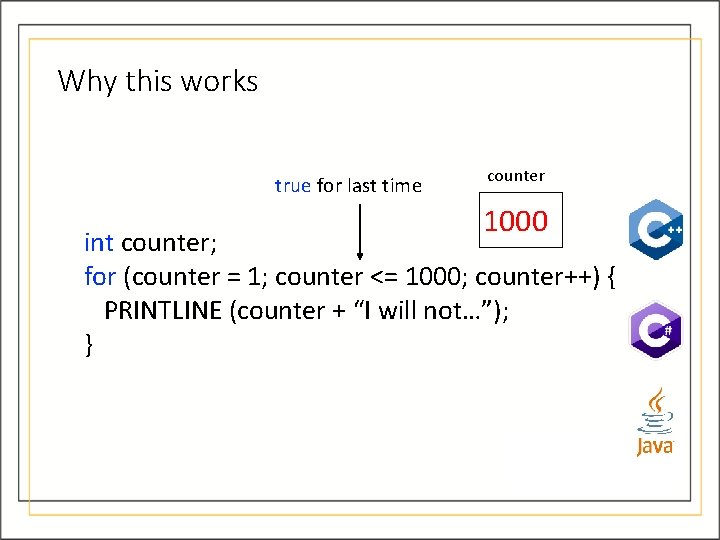 Why this works true for last time counter 1000 int counter; for (counter = Why this works true for last time counter 1000 int counter; for (counter =