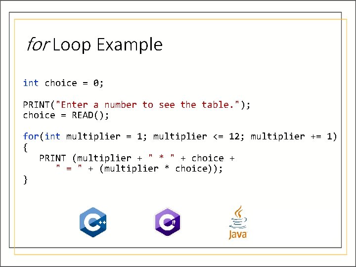 for Loop Example int choice = 0; PRINT("Enter a number to see the table. for Loop Example int choice = 0; PRINT("Enter a number to see the table.