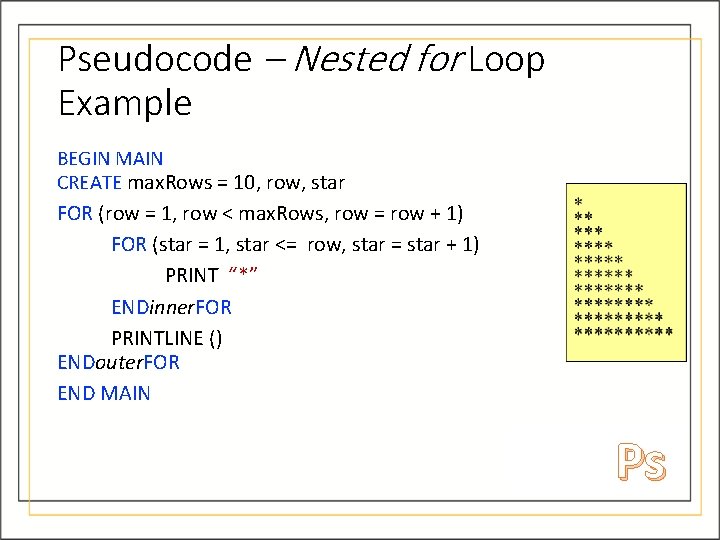 Pseudocode – Nested for Loop Example BEGIN MAIN CREATE max. Rows = 10, row, Pseudocode – Nested for Loop Example BEGIN MAIN CREATE max. Rows = 10, row,