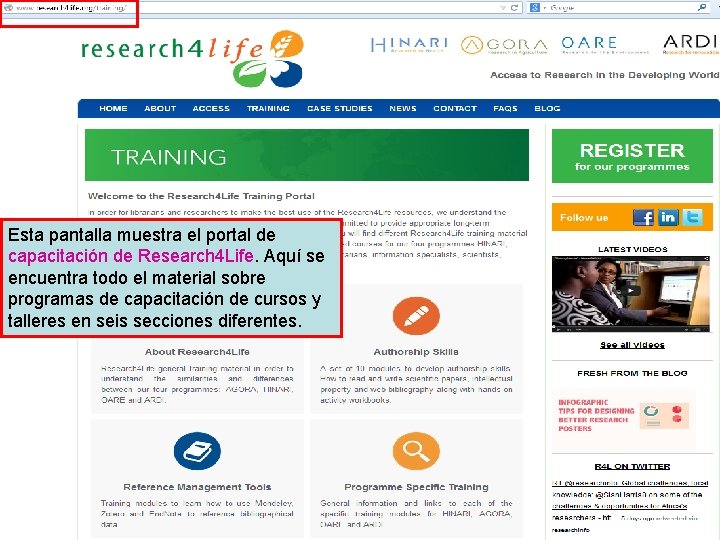 Esta pantalla muestra el portal de capacitación de Research 4 Life. Aquí se encuentra