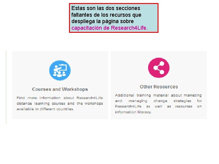 Estas son las dos secciones faltantes de los recursos que despliega la página sobre