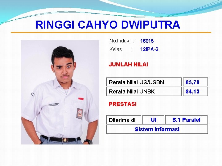 RINGGI CAHYO DWIPUTRA No. Induk : 16815 Kelas 12 IPA-2 : JUMLAH NILAI Rerata