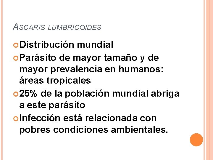 ASCARIS LUMBRICOIDES Distribución mundial Parásito de mayor tamaño y de mayor prevalencia en humanos: