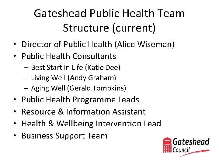 Gateshead Public Health Team Structure (current) • Director of Public Health (Alice Wiseman) •