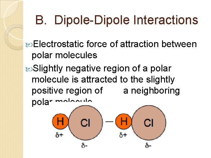 B. Dipole-Dipole Interactions Electrostatic force of attraction between polar molecules Slightly negative region of