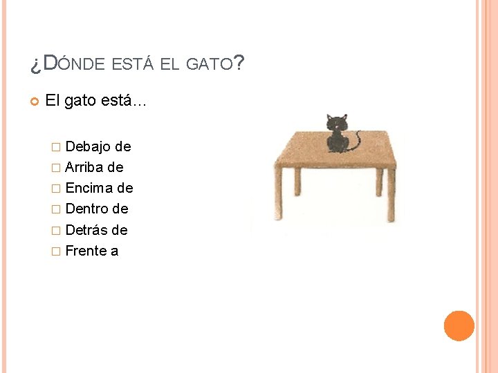 ¿DÓNDE ESTÁ EL GATO? El gato está… � Debajo de � Arriba de �