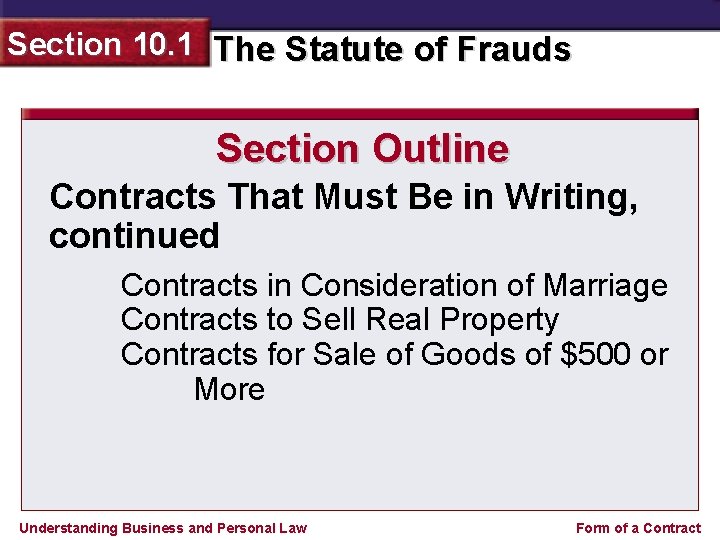 Section 10. 1 The Statute of Frauds Section Outline Contracts That Must Be in