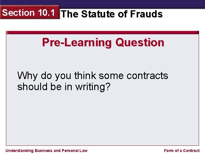 Section 10. 1 The Statute of Frauds Pre-Learning Question Why do you think some