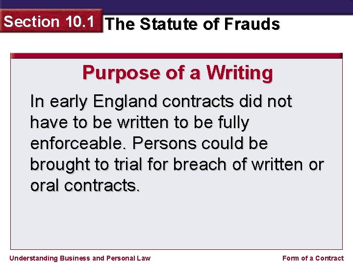 Section 10. 1 The Statute of Frauds Purpose of a Writing In early England