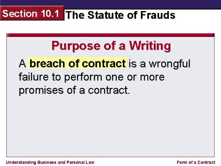 Section 10. 1 The Statute of Frauds Purpose of a Writing A breach of
