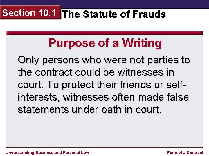 Section 10. 1 The Statute of Frauds Purpose of a Writing Only persons who