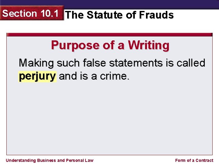 Section 10. 1 The Statute of Frauds Purpose of a Writing Making such false