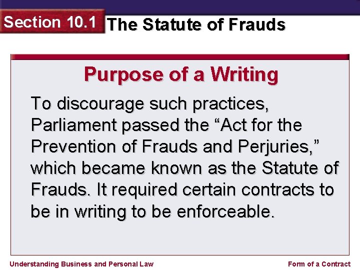 Section 10. 1 The Statute of Frauds Purpose of a Writing To discourage such