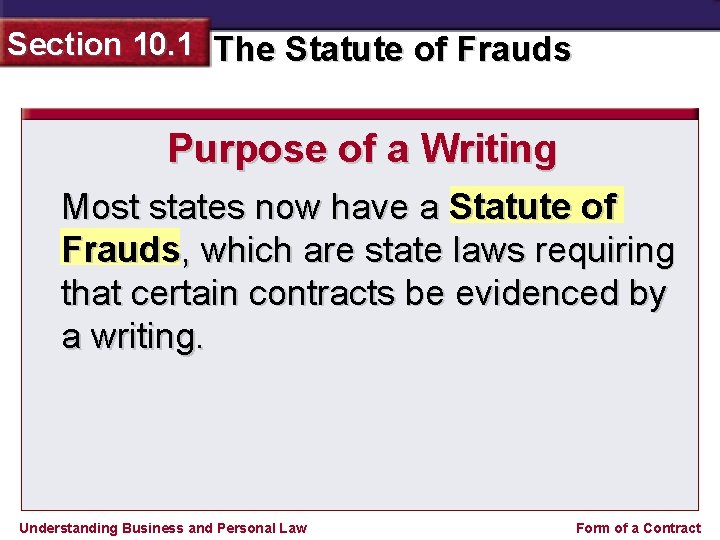 Section 10. 1 The Statute of Frauds Purpose of a Writing Most states now