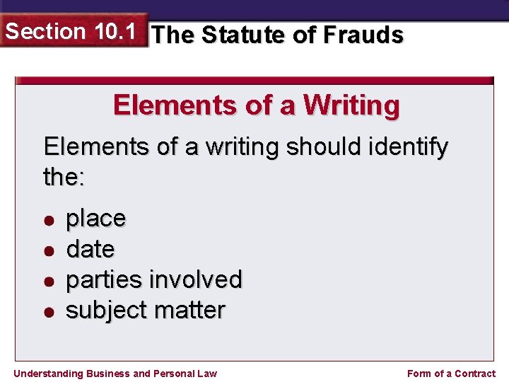 Section 10. 1 The Statute of Frauds Elements of a Writing Elements of a