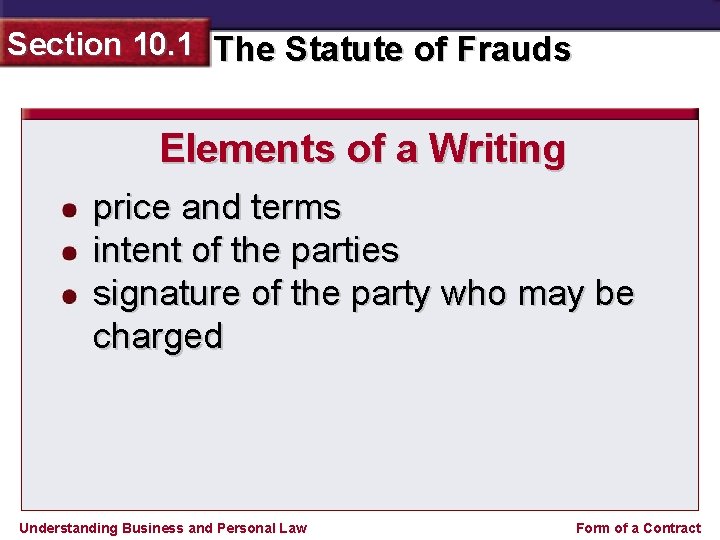 Section 10. 1 The Statute of Frauds Elements of a Writing price and terms