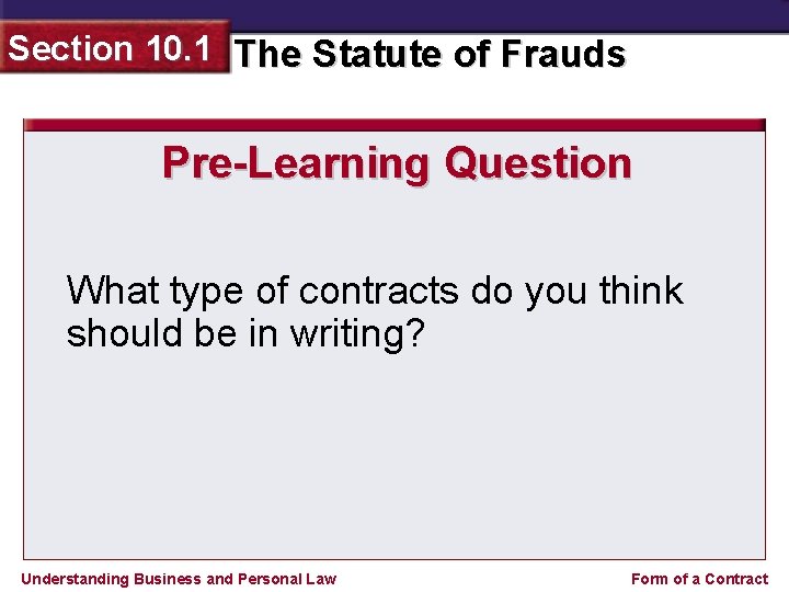 Section 10. 1 The Statute of Frauds Pre-Learning Question What type of contracts do