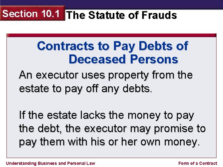 Section 10. 1 The Statute of Frauds Contracts to Pay Debts of Deceased Persons