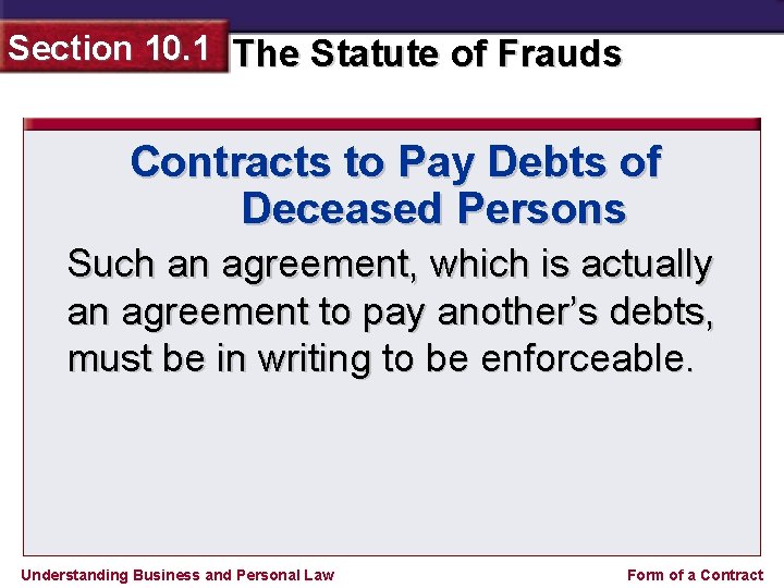Section 10. 1 The Statute of Frauds Contracts to Pay Debts of Deceased Persons