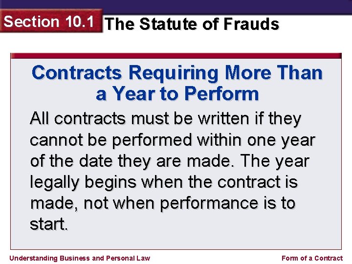 Section 10. 1 The Statute of Frauds Contracts Requiring More Than a Year to
