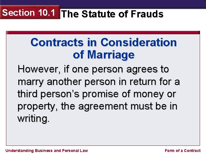 Section 10. 1 The Statute of Frauds Contracts in Consideration of Marriage However, if