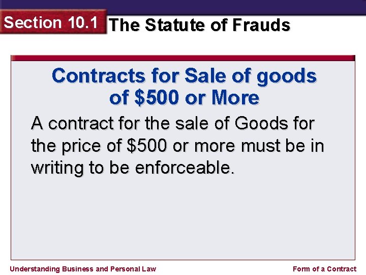 Section 10. 1 The Statute of Frauds Contracts for Sale of goods of $500