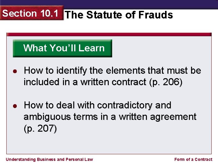 Section 10. 1 The Statute of Frauds What You’ll Learn How to identify the
