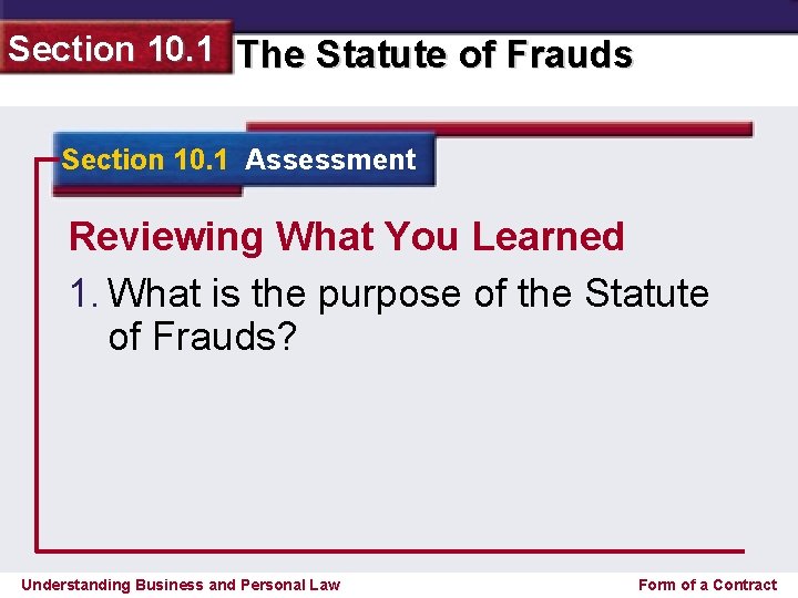 Section 10. 1 The Statute of Frauds Section 10. 1 Assessment Reviewing What You