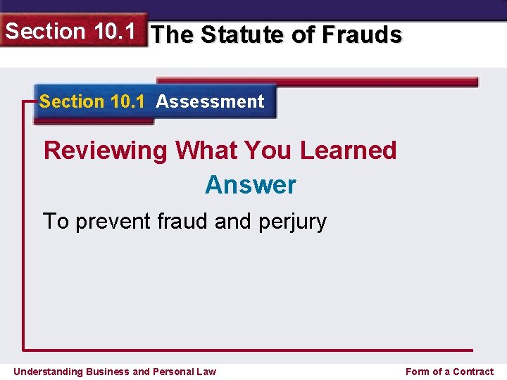 Section 10. 1 The Statute of Frauds Section 10. 1 Assessment Reviewing What You