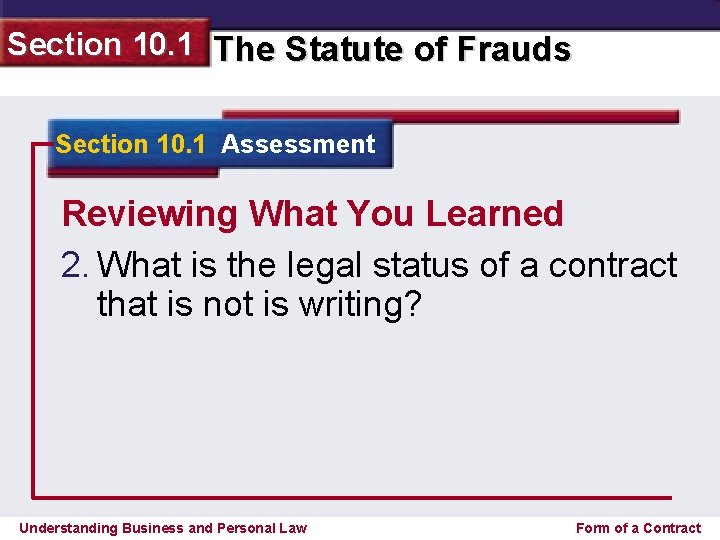 Section 10. 1 The Statute of Frauds Section 10. 1 Assessment Reviewing What You