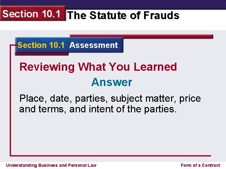 Section 10. 1 The Statute of Frauds Section 10. 1 Assessment Reviewing What You