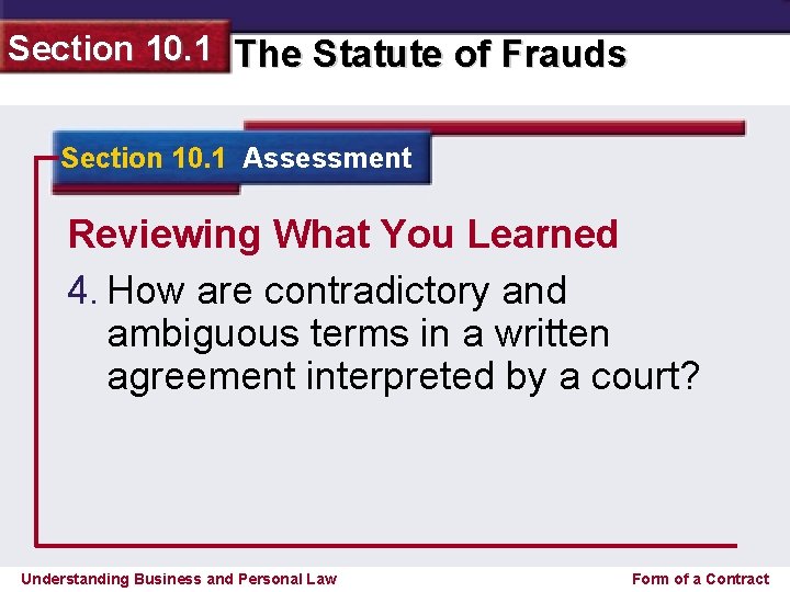 Section 10. 1 The Statute of Frauds Section 10. 1 Assessment Reviewing What You