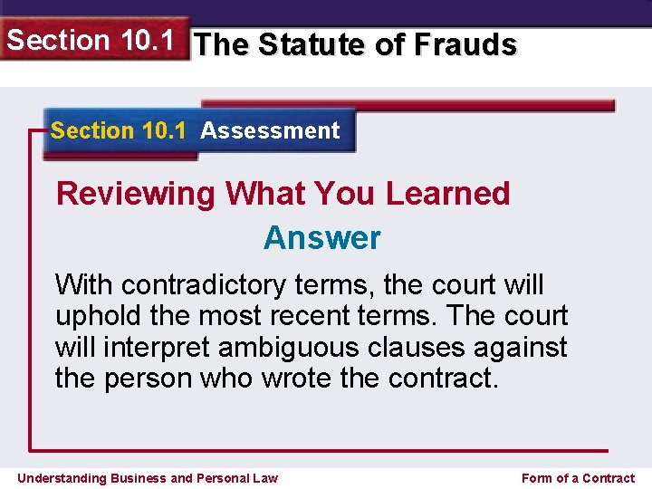 Section 10. 1 The Statute of Frauds Section 10. 1 Assessment Reviewing What You