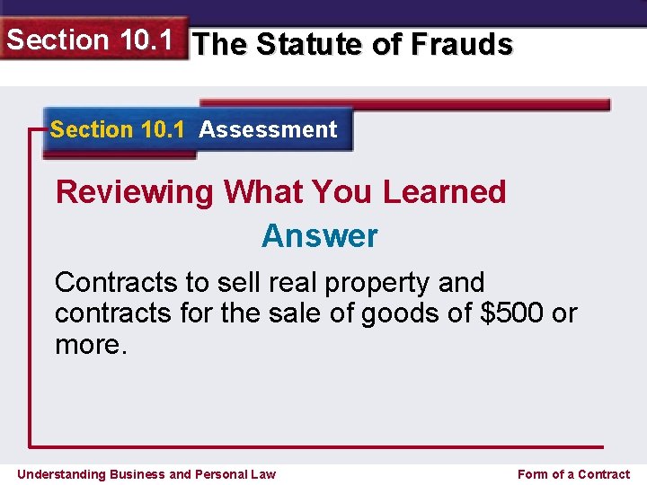 Section 10. 1 The Statute of Frauds Section 10. 1 Assessment Reviewing What You