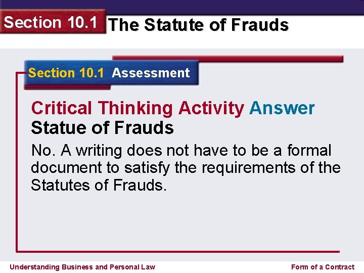 Section 10. 1 The Statute of Frauds Section 10. 1 Assessment Critical Thinking Activity