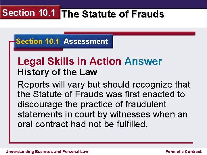 Section 10. 1 The Statute of Frauds Section 10. 1 Assessment Legal Skills in