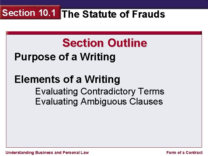 Section 10. 1 The Statute of Frauds Section Outline Purpose of a Writing Elements
