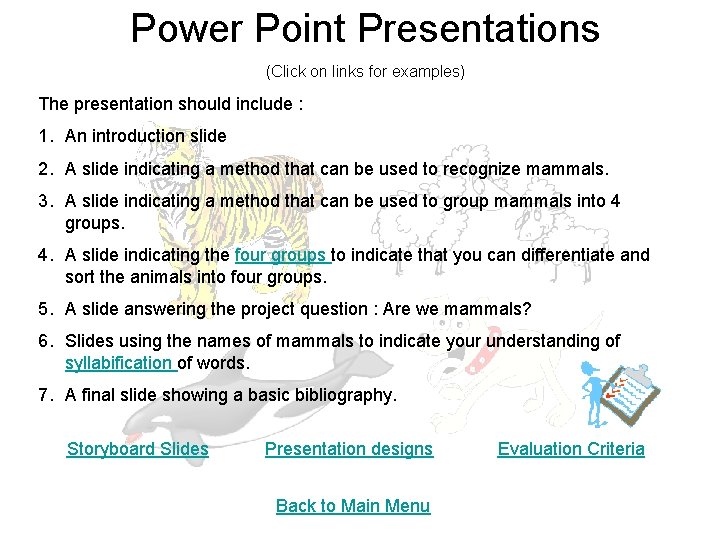 Power Point Presentations (Click on links for examples) The presentation should include : 1.