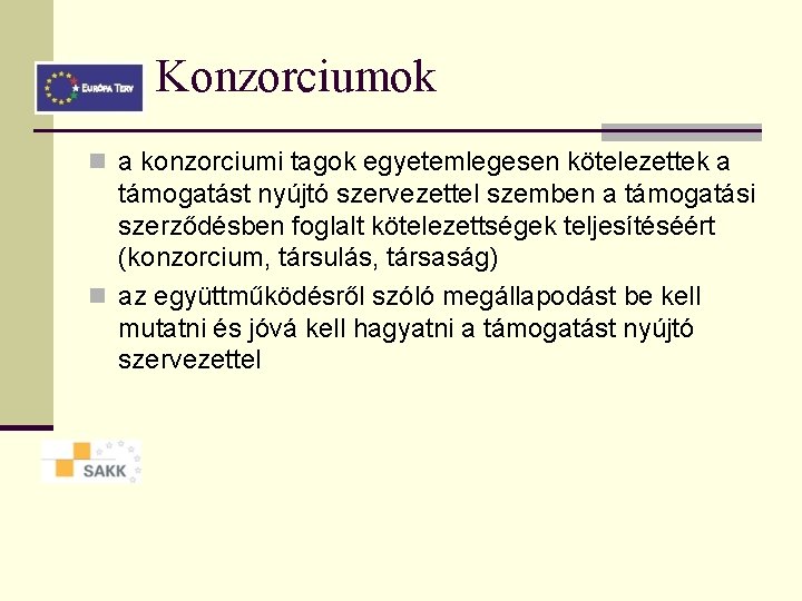 Konzorciumok n a konzorciumi tagok egyetemlegesen kötelezettek a támogatást nyújtó szervezettel szemben a támogatási