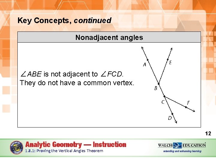Key Concepts, continued Nonadjacent angles ∠ABE is not adjacent to ∠FCD. They do not