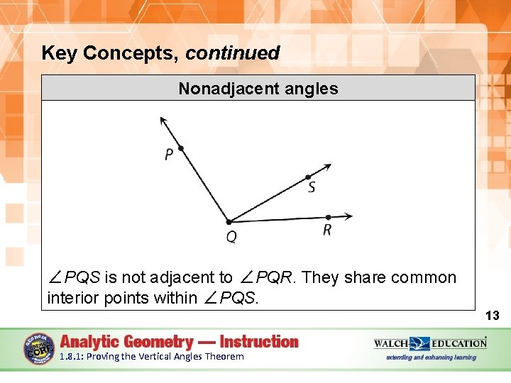 Key Concepts, continued Nonadjacent angles ∠PQS is not adjacent to ∠PQR. They share common