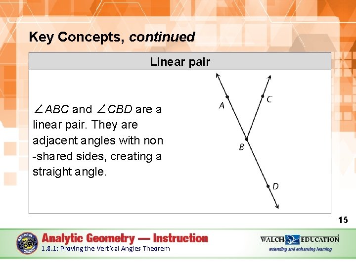 Key Concepts, continued Linear pair ∠ABC and ∠CBD are a linear pair. They are