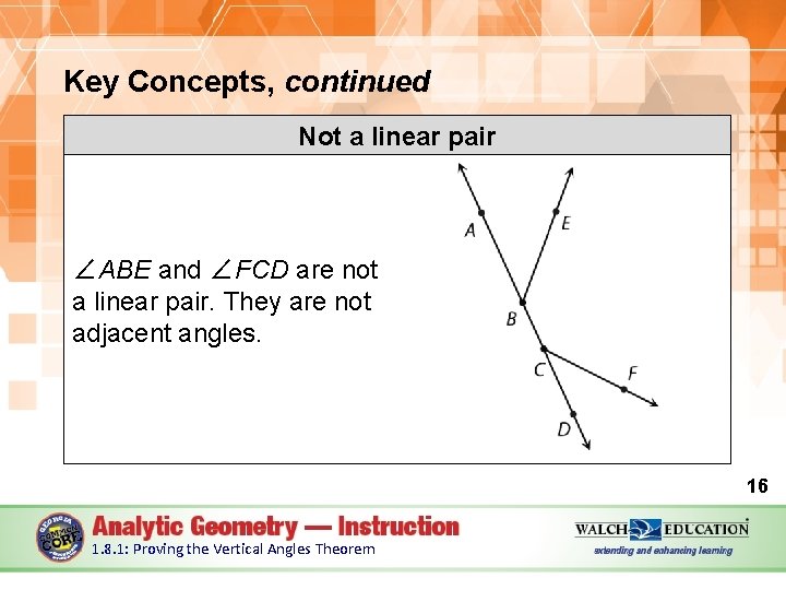 Key Concepts, continued Not a linear pair ∠ABE and ∠FCD are not a linear