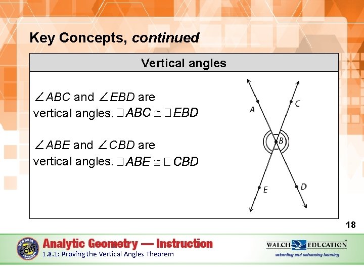 Key Concepts, continued Vertical angles ∠ABC and ∠EBD are vertical angles. ∠ABE and ∠CBD