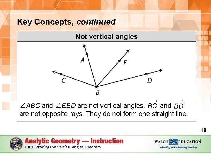 Key Concepts, continued Not vertical angles ∠ABC and ∠EBD are not vertical angles. and