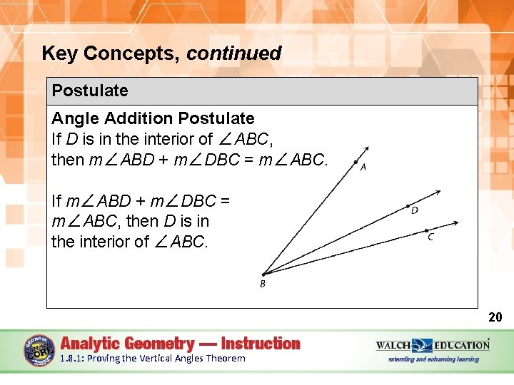 Key Concepts, continued Postulate Angle Addition Postulate If D is in the interior of