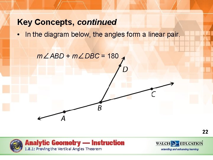 Key Concepts, continued • In the diagram below, the angles form a linear pair.