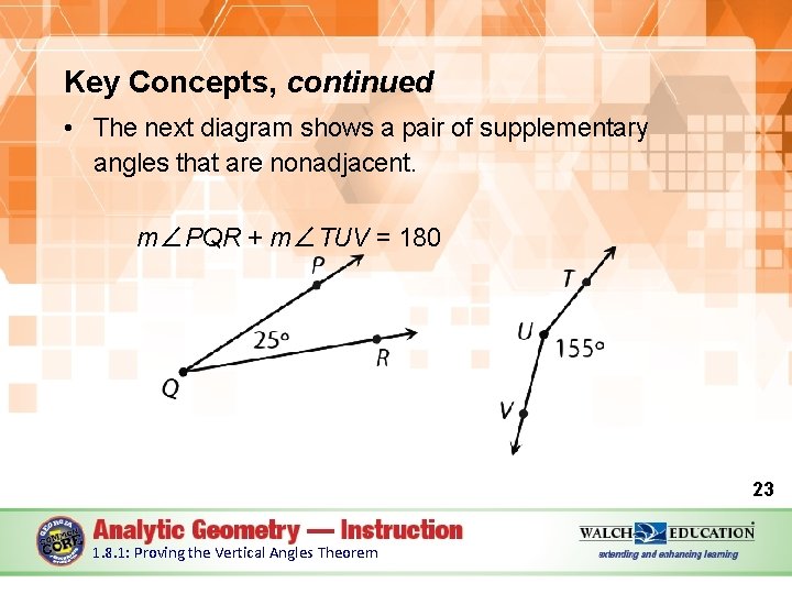 Key Concepts, continued • The next diagram shows a pair of supplementary angles that