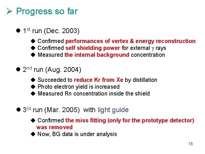 Ø Progress so far l 1 st run (Dec. 2003) u Confirmed performances of